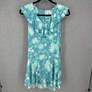 Calvin Klein Womens Ruffle Neck Flounce Hem Dress Size 14 Teal Blue Floral NEW